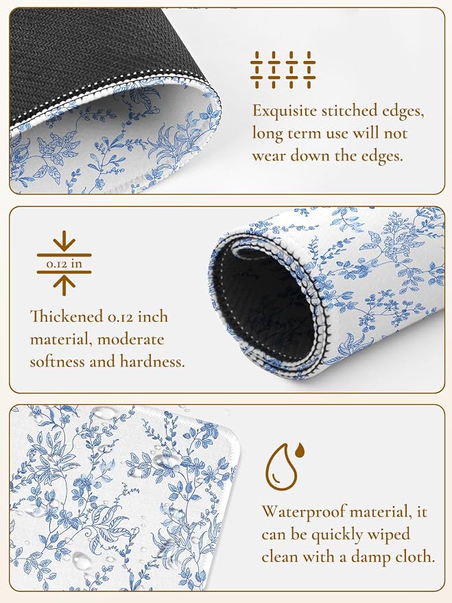 Elegant Blue Flowers Mouse Pad, Waterproof Aesthetics Floral Mouse Pads Design, Non-Slip Rubber Base Computer Simple Funny Mousepad,Small Mouse Mat Desk Accessories Office Supplies