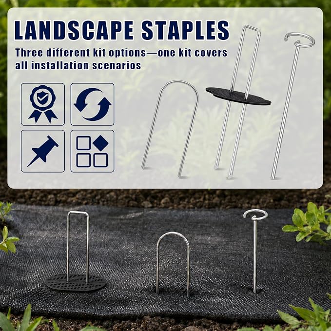 151 Pcs Landscape Fabric Stakes,3 Types Galvanized Ground Staples | U/G Shaped Garden Stakes,4/6 In Gauge Garden Stakes Heavy Duty for Plant Cover, Turf, Fence, Grass Decoration, Netting