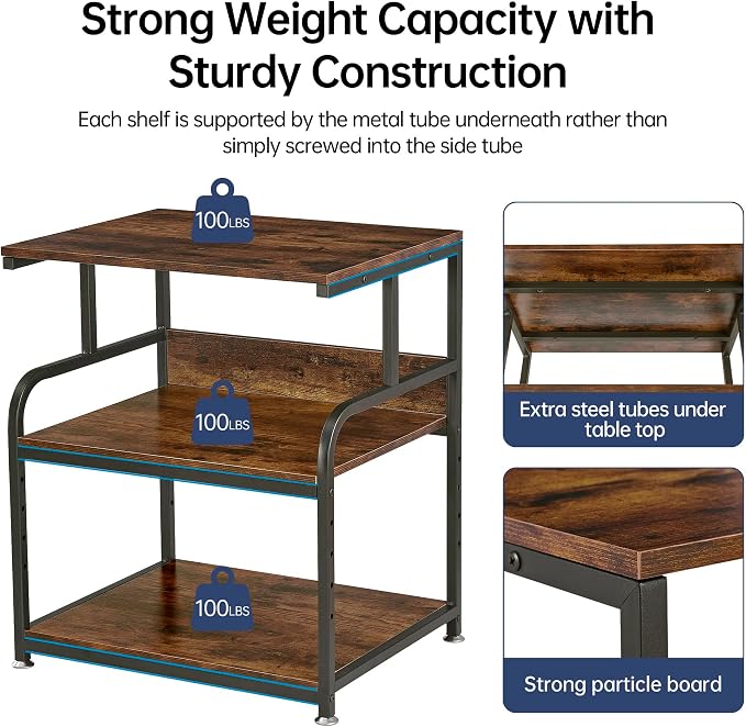 Fannova Large Printer Stand Table with Height Adjustable Storage Shelf | 23.6"x18.9"x30", Metal Frame, Industrial Wheels, 3 Tier Rolling 3D Printer Cart for Home Office Organization, Rustic Brown