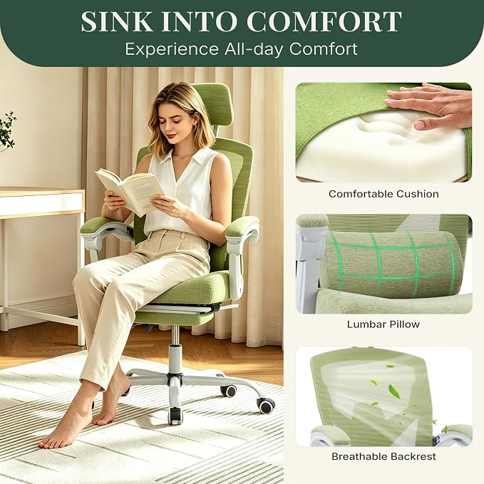 Ergonomic Office Chair with Footrest, Computer Gaming Chair | Adjustable Headrest, Lumbar Support, Swivel Reclining, Padded Armrest, Mesh High Back, Home Desk Work Study, Green