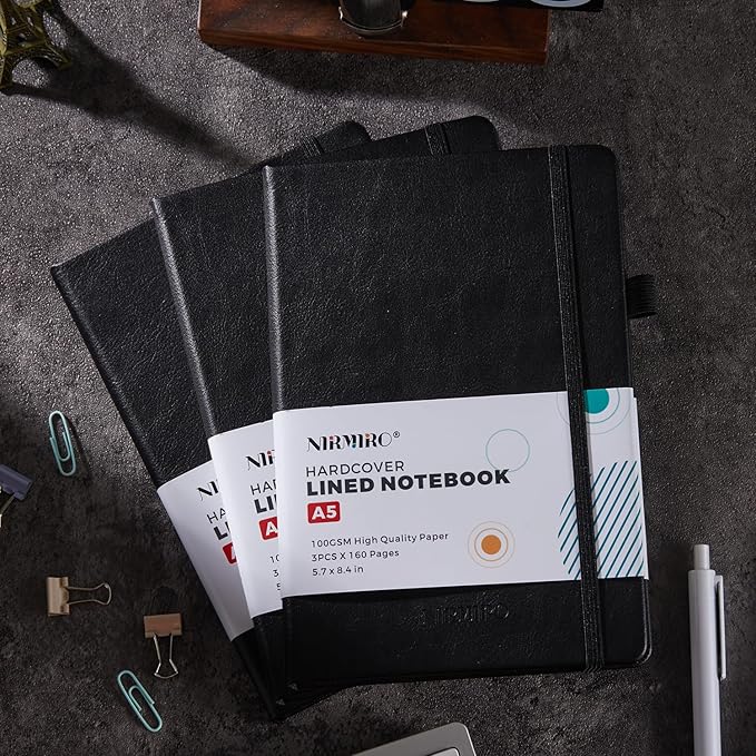 (3 Pack) Lined Journal Notebook with Pen, A5 (5.7"x8.4") Leather Hardcover Journaling Notebooks for Women Men Work, 160 Pages per Note Book, 100GSM Paper, School Office Supplies, Black