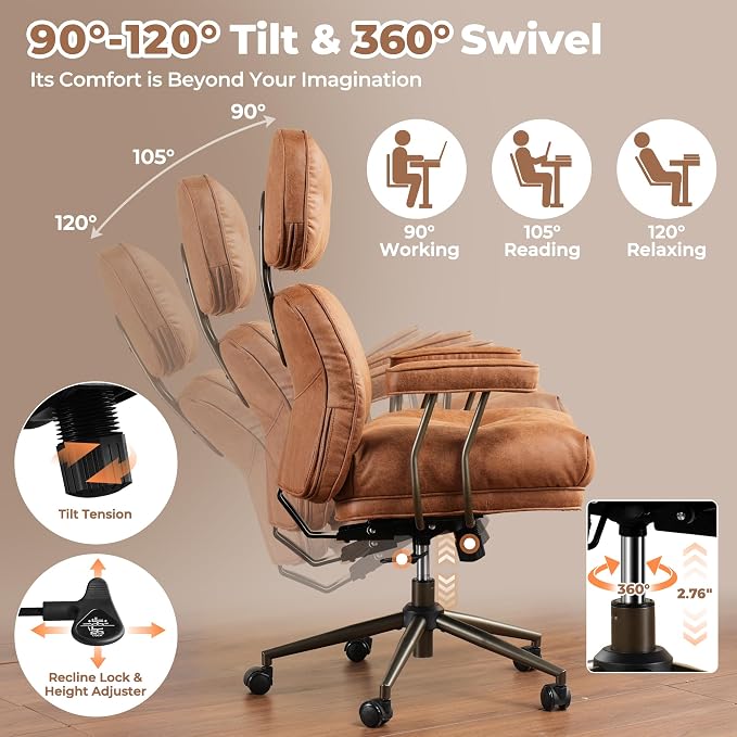 ovios Home Office Chair with Thick Cushion, Mid-Century Modern Faux Leather Ergonomic Chairs, High Back Swivel Rolling Computer Executive Armchair (Brown, Suede Leather)