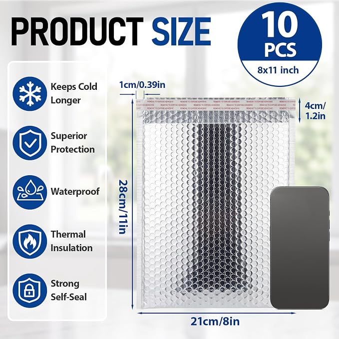10 Pack 8 x 11 Inch Insulated Bubble Mailers, Silver | Self Adhesive Closure, Foil Lined Interior, Padded Cushioning, Waterproof, Cold Delivery Packing, for Food and Cosmetics