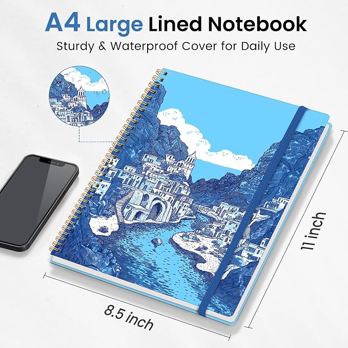 Large Spiral Lined Journal for Women and Men, Notebook for Work | Amalfi Dreams 8.5" x 11" Notebooks for Note taking, Writing & Journaling, College Ruled Pages, Plastic Cover