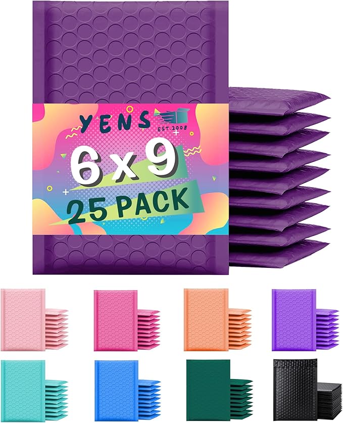 Yens Poly Bubble Mailers 6x10 25 Pack Purple Waterproof Self Seal Adhesive Shipping Bags, Cushioning Padded Envelopes for Shipping, Mailing, Packaging Usable 6x9