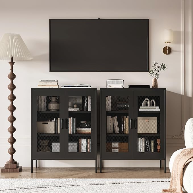 Chshin Black Metal Storage Cabinet,Metal Locker Storage Cabinet with 2 Mesh Doors and Adjustable Shelves,Kitchen Pantry Cabinets for Home,Sideboard,Living Room,Office(40" H)