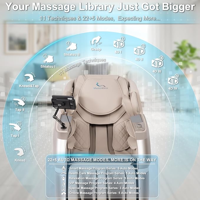 MT339 4D Massage Chair, Full Body Recliner, OTA Update, Golden | Yoga stretch, 22+5 modes, body scan, app and AI Voice Control, auto footrest, 166° zero gravity and heat for daily comfort.