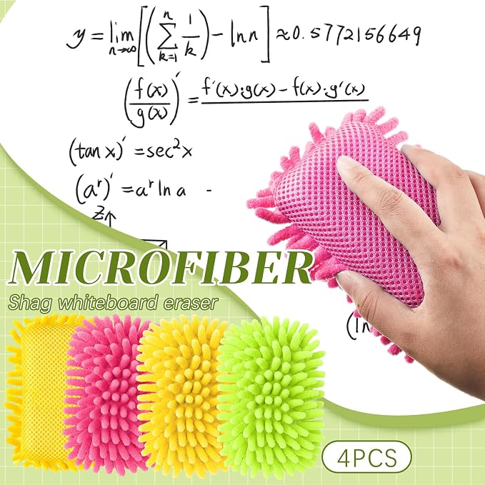 Zonon 4 Pcs 5" x 3" Dry Erase Eraser, Pink, Blue, Yellow, Green | Microfiber Shag Washable Whiteboard Erasers for Markers and Chalk, Reusable Board Cleaners, Classroom Office Home Use