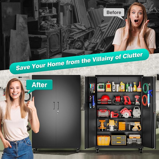 Wide & Deep Metal Storage Cabinet with Wheels,Tall Rolling Garage Storage Cabinet with Lock,Black Metal Cabinets with Shelves and Pegboards,Tool Locker for Garage,Home,Office,43''Wx 20''Dx71"H