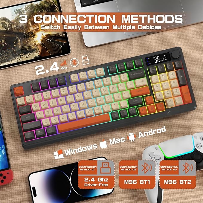 LexonElec M96 Wireless Gaming Keyboard,Knob Control Bluetooth/2.4G Wireless Mechanical Feeling Keyboard,RGB LED Backlit with Display Screen, PBT Keycap,3000mAh, 94-Key Layout for Win/Mac (Shimmer)