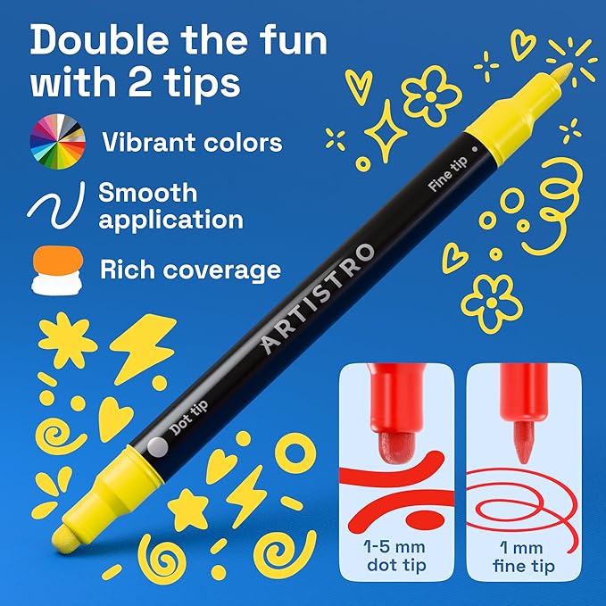 ARTISTRO Mixed Colors Dual-Tip Acrylic Paint Marker Pens - Set of 24 | For Fabric, Rock, Glass, Wood, & Coloring Books, Arts & Crafts Gift, Classroom Must Haves & School Supplies (Dot & Fine Tips)