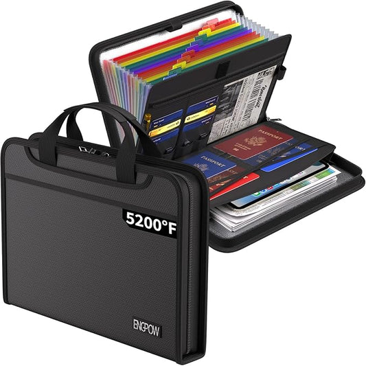 ENGPOW Accordion File Organizer, Fireproof 5200°F Expanding File Folder with 13 Pockets Document Organizer with Handle & Labels, Portable Home Office Travel Safe Storage for Letter A4 Files, Black