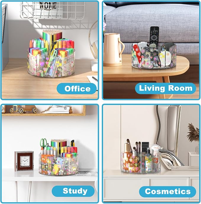 Acrylic Pen Holder for Desk Organizer Holder with 2 Adhesive DIY Stickers | Marker Holder Organizer with 2 Cute Sticker, 360 Degree Office Supply Organizer Clear Pencil Holder for Kid 6 Compartments