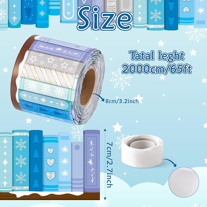 BeYumi Snowflake Bookshelf Border Trim - 65ft Winter Snowflake Books Rolled Border Trim Christmas Gray Blue Bookshelf Bulletin Board Set Library Classroom Office Chalkboard Home Wall Party Decoration