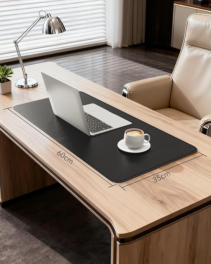 YSAGi Genuine Leather Desk Mat, 23.6"x13.8" Office Desk Pad, Thick Desk Pad Mat with Stitched Line, Non-Slip Desk Mat with Rubber Base (Black, 23.6"x13.8")