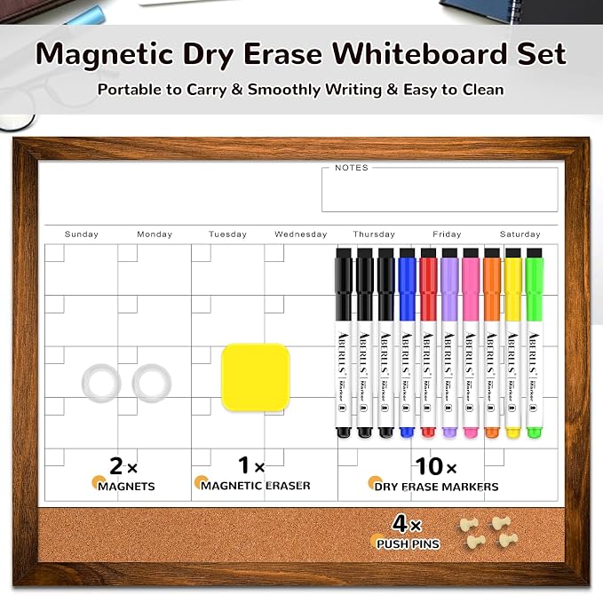 White Board Calendar Dry Erase Board for Wall, Magnetic WhiteBoard, 17"x13" | Hanging Board, Brown Wood Frame White Board and Cork Board Combo, Calendar Bulletin Board for Kitchen Planner Memo Office