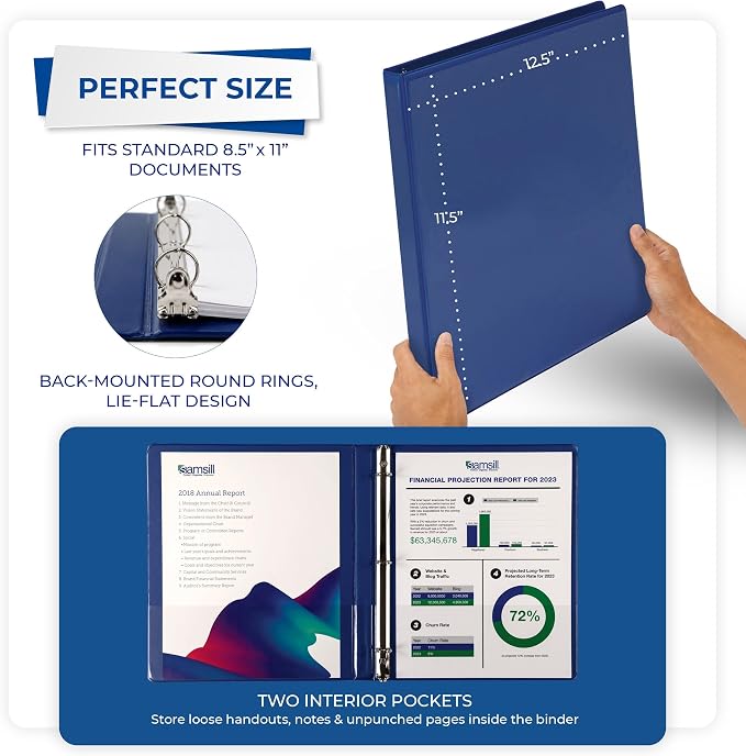 Samsill 0.5 Inch 3 Ring Binders, Economy Round Ring, Clear View Cover, 100 Sheet Capacity - for School, Home, Office - Blue, 12 Pack