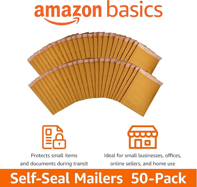 Amazon Basics Kraft Bubble Self-Seal Padded Envelopes for Shipping, 4" x 8" (Internal Size - 3.75" x 7"), Brown, 50-Pack