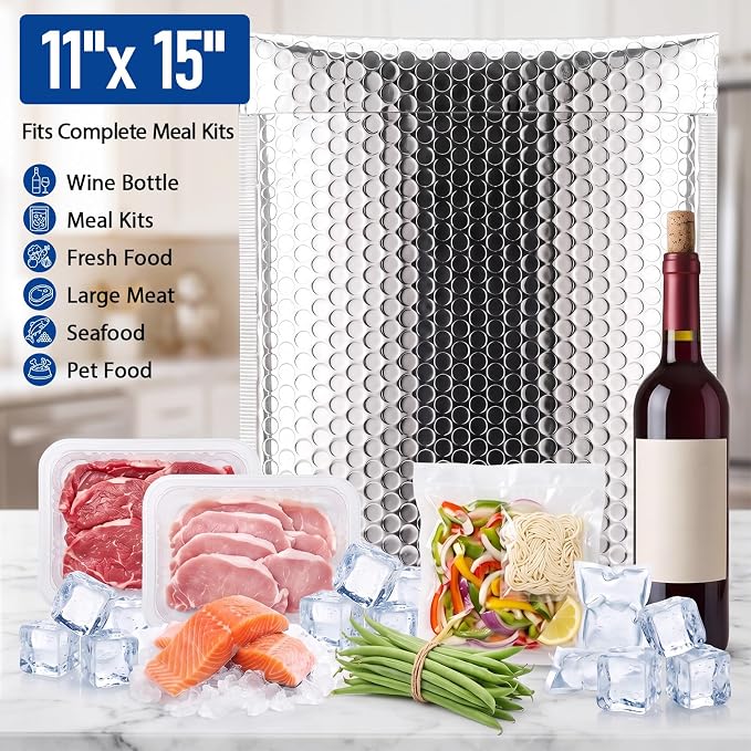 30 Pack 11 x 15 Inch Insulated Bubble Mailers, Silver | Self Adhesive Closure, Foil Lined Interior, Padded Cushioning, Waterproof, Cold Delivery Packing, for Food and Cosmetics