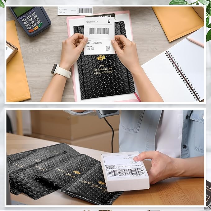 Kosiz 100 Pcs Bubble Mailers Thank You Padded Shipping Envelopes Poly Waterproof Mailing Envelopes Self Adhesive Bags for Small Business Clothing Boutique Jewelry Package (Black,4"x7")