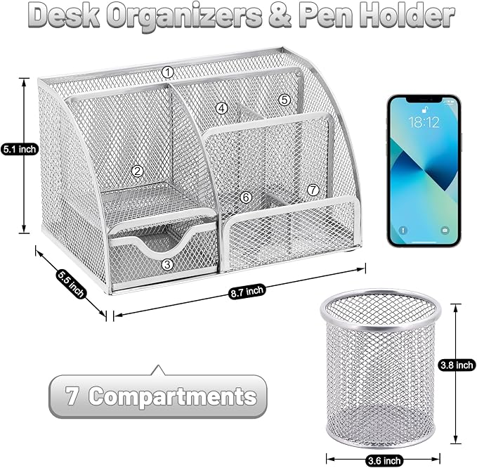 13-in-1 Office Desk Organizer Set for Back to School Supplies Accessories | Organizer Set with Stapler and Tape Dispenser, Pen Holder, Scissors, Ruler, Hole Punch, 2 Pens & More Desk Supplies