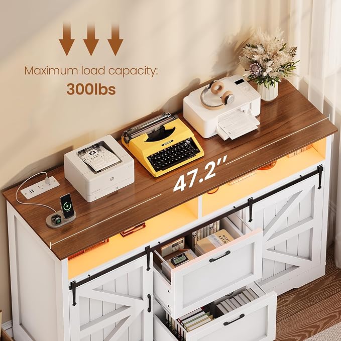 SEDETA 47.2" File Cabinet, 2 Drawers Filing Cabinets for Home Office fit Legal/Letter/A4 File, Farmhouse File Cabinet with Barn Door & Power Outlets, Printer Stand with Storage & LED Lights, White
