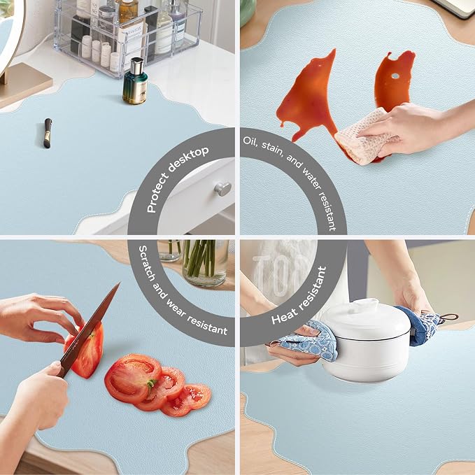 iCasso Blue Scalloped Mouse Mat, 35.4"x15.7" Computer Mat for Office | Adorable Non-Slip Base Scalloped Mousepad for Home, Floral Desk Pad Stitched Edges for Study Office Computer Setup