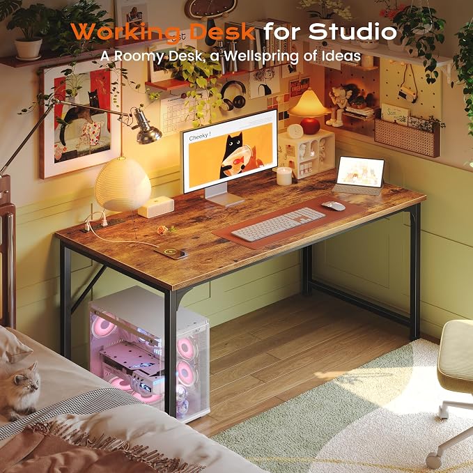 47 X 24 Inch Deeper Desk with Power Outlets | Computer Desk for Bedroom, Office Desk for Work from Home, Writing Study Gaming Table, Stable Metal Frame, Rustic Brown