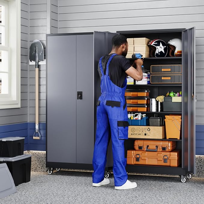 Metal Garage Storage Cabinet with Locking Doors and Adjustable Shelves,- 75" Rolling Steel Tool Cabinet for Home Office,Garage,Warehouse