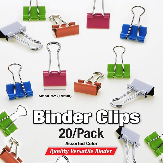 BAZIC Products Small 3/4" (19mm) Assorted Color Binder Clip (20/Pack), 263