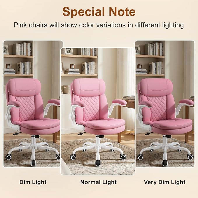 Leather Office Chair, Upgraded PU Computer Desk Chairs with Double-Layer Seat Cushion and Neckrest, 360°Swivel, Ergonomic Small Gaming Chair with Wheels and Adjustable Armrests for Short People, Pink