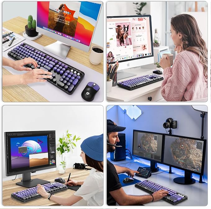 Wireless Keyboard and Mouse Combo, 104 Keys Full-Sized 2.4 GHz Round Keycap Colorful Keyboards, USB Receiver Plug and Play, for Windows, Mac, PC, Laptop, Desktop (Black Purple)