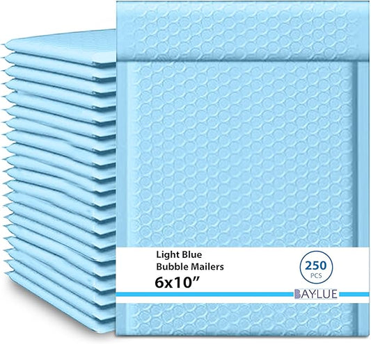 Light Blue Small Poly Bubble Mailers 6x10 inch #0 | Self Seal Padded Envelopes | Cushioned Bubble Mailer | Usable Size 6x9 | WaterProof | Lightweight mailing Shipping Bags | 250 Pack Bulk