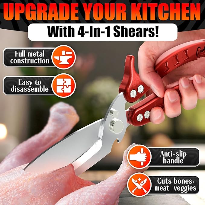 4-in-1 Kitchen Shears Heavy Duty – Sharp Seafood, Poultry Shears & Chicken Scissors with Non-Slip Metal Handle & Micro-Serrated Blades for Meat – Spring-Loaded Bone Cutting Scissors with Safety Lock