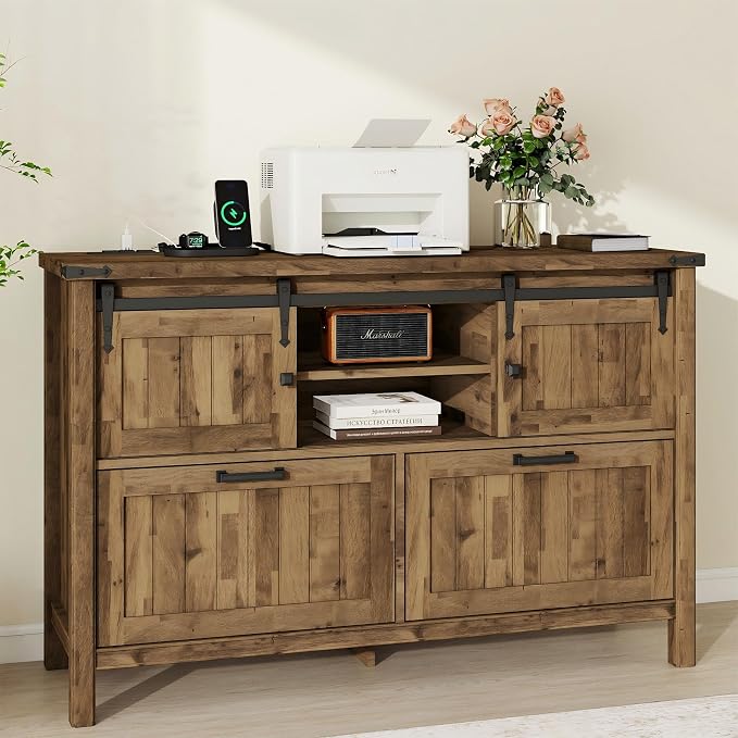 Farmhouse File Cabinet with Built-in Outlets, Rustic Brown | Filling Cabinet Printer Stand with 2 Large Drawers for Legal/ A4 /Letter Size, Home Office, Living Room, Entry Cabinet