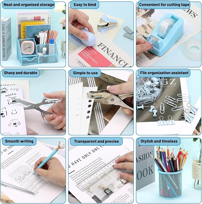 13-in-1 Office Desk Organizer Set for Back to School Supplies Accessories | Organizer Set with Stapler and Tape Dispenser, Pen Holder, Scissors, Ruler, Hole Punch, 2 Pens & More Desk Supplies