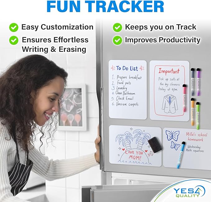 Magnetic Dry Erase White Board Sheet for Fridge (12x8), Stain Resistant Technology w/ 6 Markers & Big Eraser with Magnet, Small Refrigerator Whiteboard Planner & Organizer by Yes4Quality