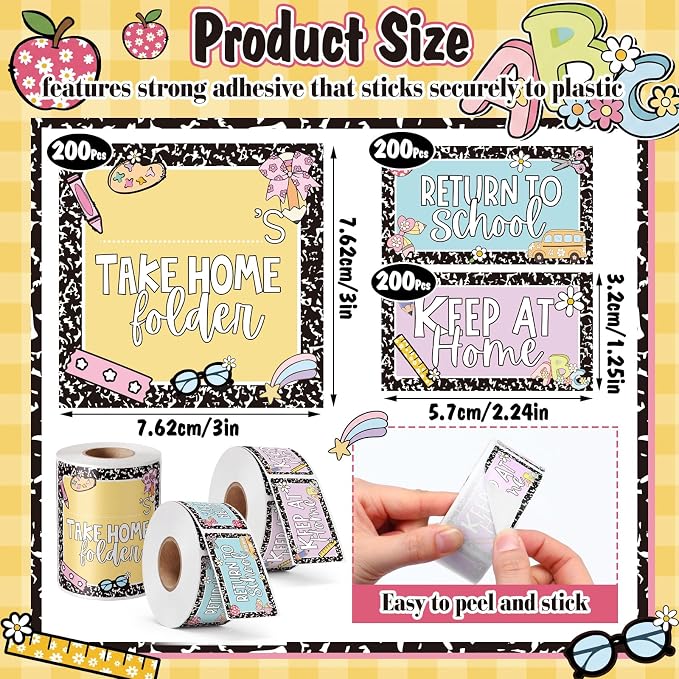 600 Pcs Take Home Return to School Labels,Composition Book | 3 Rolls Thermal Printed, Student Homework Folder Stickers, Keep at Home Label, Classroom Office Organization
