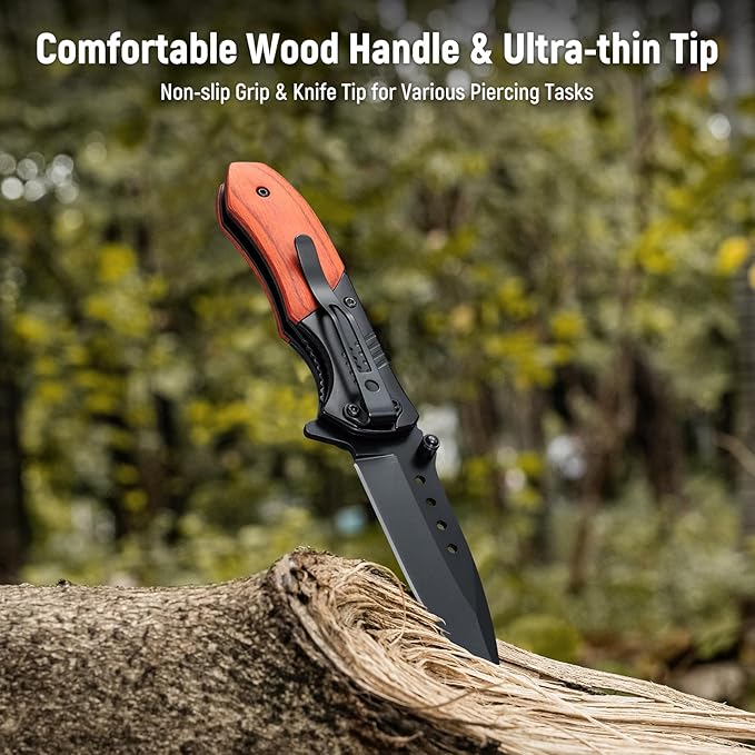 Pocket Knife for Men - Sharp Blade Wood Handle Pocket Folding Knives with Clip, Glass Breaker - EDC Knives for Survival Camping Fishing Hiking Women, Small, Black