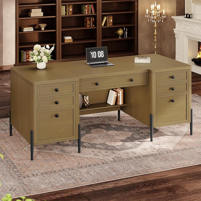 63" W x 27.6" D Executive Desk with 2 Cabinets & 6 Drawers, Farmhouse Home Office Desks with Keyboard Tray, Large Boss Desk with Privacy Panel, Modern Table with File Drawer