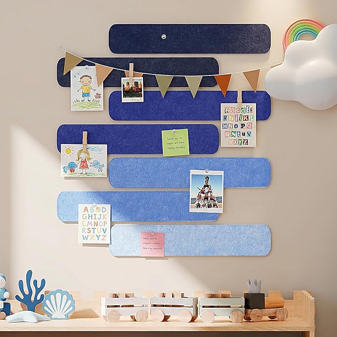8 Pack Felt Bulletin Board Strips, 13x2 Inch Pin Board, Cork Boards | Self Adhesive, Includes 50 Pushpins and 10 Wooden Clips Push Pins, for Walls Home School Office Decor (Serene Blue Mist)