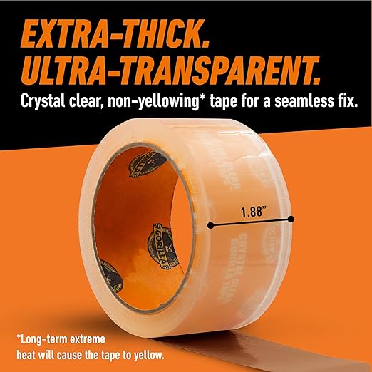 Gorilla Crystal Clear Tape, 1.88” x 18 yd (Pack of 1) - Weather Resistant for Indoor or Outdoor Projects and Repairs