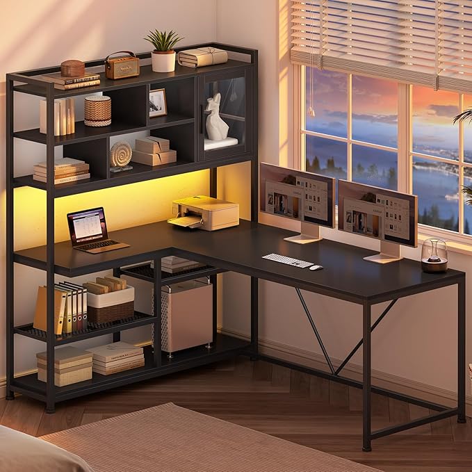 SEDETA L Shaped Computer Desk with Storage Shelves and Bookshelf, Black | 58'' Reversible Office Desk with LED Light, Glass Door Cubby, L Shaped Corner Desk for Gaming, Two Monitors, Small Space