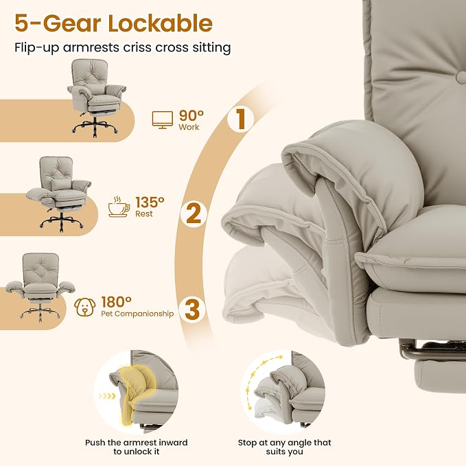 Criss Cross Office Chair with Flip Arms & Footrest, Comfy Desk Chair,Cream | Cross Legged Office Chair, Wide Seat Reclining Desk Chair with Wheels, Vanity Chair with Pocket Spring Seat and Side Pockets