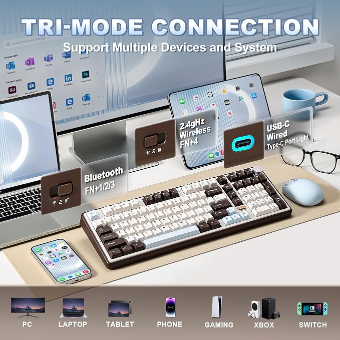 YUNZII B98 PRO 96% Wireless Mechanical Keyboard(Coffee Brown, Candy Switch) | QMK/VIA, with Numpad, Dual-Style Knob Design, Creamy Pre-Lubed Switches, Hot Swap, Gasket Mount, RGB for Gaming/Win/Mac