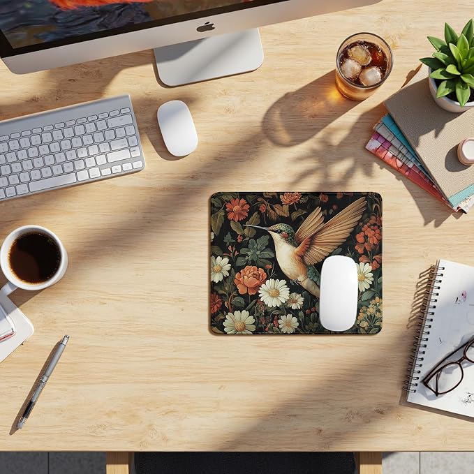 Moody Floral Hummingbird Mouse Pad, Bird Lovers Gifts, Dark Cottagecore Botanical Humming Bird Mouse Pads Mousepad for Home Office Dorm Computers Laptop Supplies Desk Accessories, 9.5x7.9 Inch