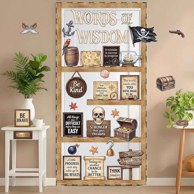 Mooliwe 57 Pcs Pirate Bulletin Board Set Inspirational Classroom Decor | Treasure Map Cutouts, Motivational Signs, Adventure Theme for School Office Chalkboard Door Wall, Summer Sets