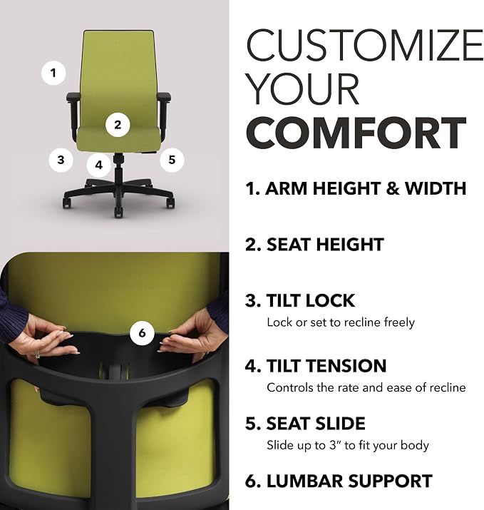 HON Ignition 2.0 Ergonomic Office Chair, Lumbar Support, Desk Chair, Pear | Ergonomic office desk chair with lumbar support, adjustable arms, office decor, workstation comfort for focused productivity