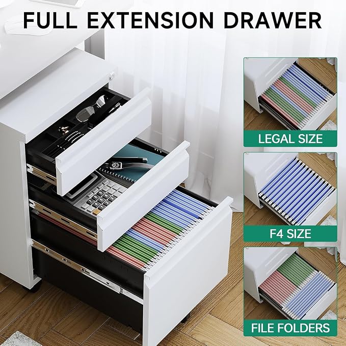 3 Drawer Mobile File Cabinet with Lock, Under Desk Metal Rolling Filing Cabinets for Home Office Organizer Letters/Legal/A4 (White- Requires Installation) (White)