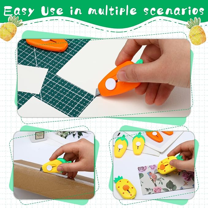 12 Pcs Cute Mini Box Cutter Bulk Pineapple Carrot Corn Retractable Kawaii Box Cutters Portable Utility Knives Back to School Gifts Carton Letter Paper Package Opener for Office School Stationery